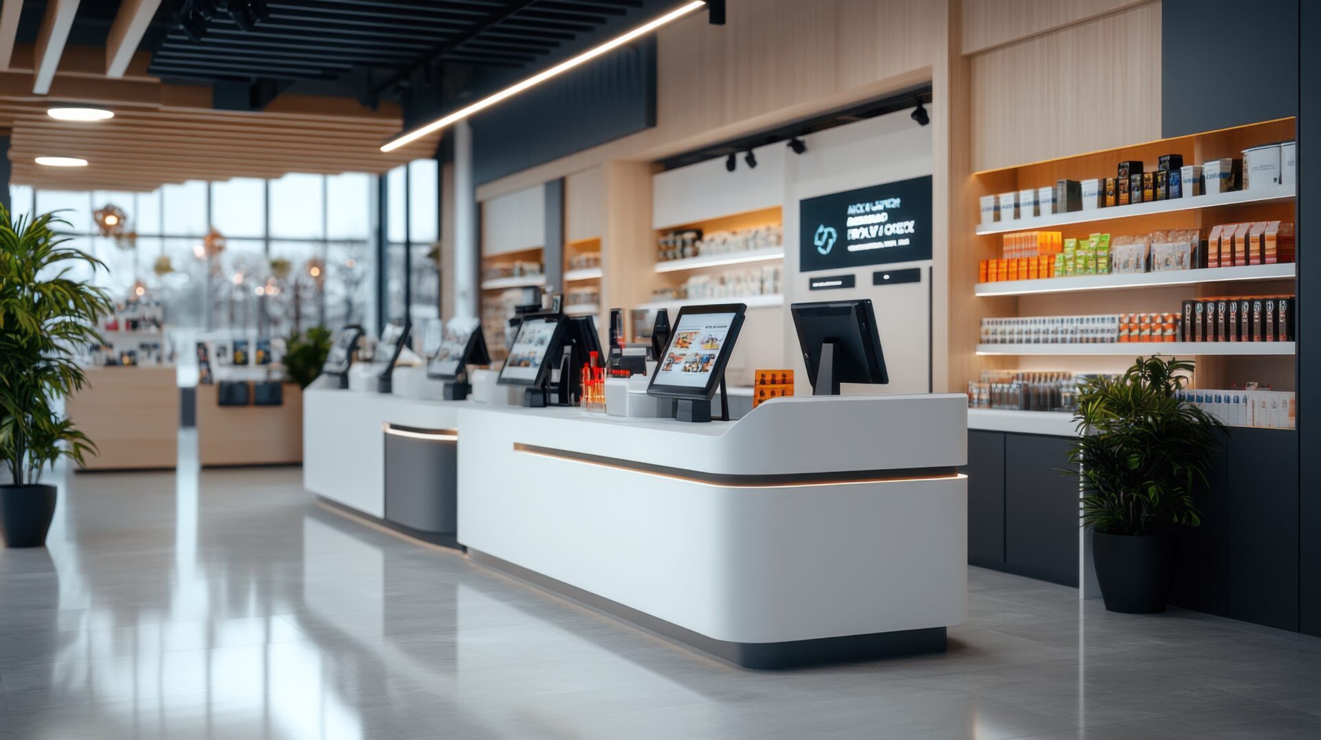 Modern retail checkout counter and store interior